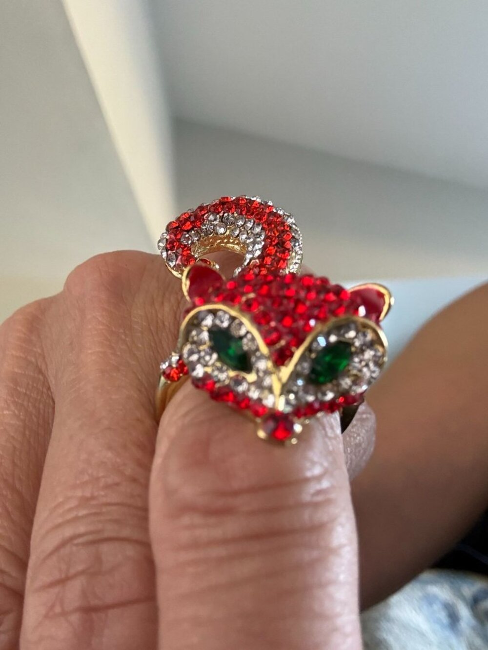 Rhinestone Fox Statement Ring Gold Tone Red Crystal Green Eyes Animal Size 7 - Picture 4 of 7